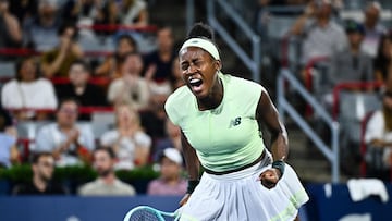 MONTREAL, CANADA - JULY 29: Coco Gauff of the United States reacts as she celebrates her victory against Danielle Collins of the United States during their second round match on Day Three of the WTA 1000 National Bank Open at IGA Stadium on July 29, 2025 in Montreal, Quebec, Canada. Minas Panagiotakis/Getty Images/AFP (Photo by Minas Panagiotakis / GETTY IMAGES NORTH AMERICA / Getty Images via AFP)
