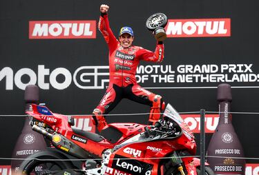 MotoGP - Grand Prix of Netherlands -TT Circuit Assen, Assen, Netherlands - June 29, 2025 Ducati Lenovo Team's Marc Marquez celebrates on the podium after winning the Grand Prix of Netherlands REUTERS/Yves Herman