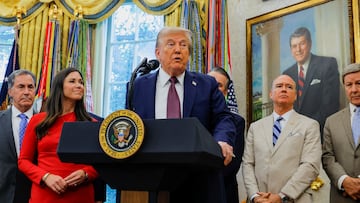 U.S. President Donald Trump, flanked by Representative Gary Palmer (R-AL), Senator Katie Britt (R-AL), Representative Robert Aderholt (R-AL) and Representative Mike Rogers (R-AL) speaks during an event to announce that the Space Force Command will move from Colorado to Alabama, in the Oval Office at the White House in Washington, D.C., U.S., September 2, 2025. REUTERS/Brian Snyder