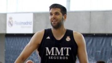 Felipe Reyes durante un entrenamiento del Real Madrid.