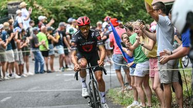 Tudor Pro Cycling Team's French rider Julian Alaphilippe cycles ahead of the pack of riders (peloton) in the ascent of Cote de Loubeyrat during the 10th stage of the 112th edition of the Tour de France cycling race, 165.3 km between Ennezat and Le Mont-Dore Puy de Sancy, in central France, on July 14, 2025. (Photo by Marco BERTORELLO / AFP)