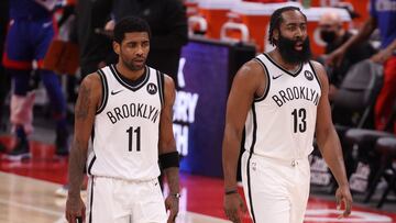 DETROIT, MICHIGAN - FEBRUARY 09: Kyrie Irving #11 and James Harden #13 of the Brooklyn Nets while playing the Detroit Pistons at Little Caesars Arena on February 09, 2021 in Detroit, Michigan. NOTE TO USER: User expressly acknowledges and agrees that, by downloading and or using this photograph, User is consenting to the terms and conditions of the Getty Images License Agreement. Gregory Shamus/Getty Images/AFP
== FOR NEWSPAPERS, INTERNET, TELCOS & TELEVISION USE ONLY ==