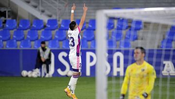 HUESCA, SPAIN - OCTOBER 18: Waldo Rubio of Real Valladolid celebrates after scoring his team's second goal during the La Liga Santader match between SD Huesca and Real Valladolid CF at Estadio El Alcoraz on October 18, 2020 in Huesca, Spain. Football