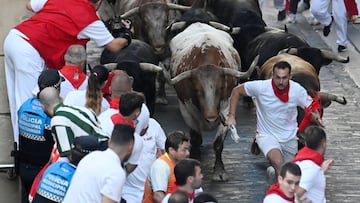 Participants run ahead of La Palmosilla breed bulls during the seventh running of the bulls of the San Fermin festival in Pamplona, northern Spain, on July 13, 2025. Thousands of people every year attend the week-long festival and its famous "encierros" or bull runs, every day at 8:00 a.m. through the narrow streets of the old town over an 850 meters (yard) course while runners ahead of them try to stay close to the bulls without falling over or being gored. (Photo by MIGUEL RIOPA / AFP)