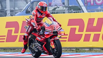 Ducati Lenovo Team's Spanish rider Marc Marquez drives during the practice of motorcycle Hungarian Moto GP Grand Prix at the Balaton Park circuit in Balatonfokajar, Hungary, on August 22, 2025. (Photo by ATTILA KISBENEDEK / AFP)