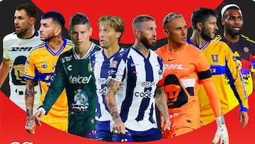 Imagen que muestra a varios jugadores estrellas de la Liga MX, como Aaron Ramsey, Ángel Correa, James Rodríguez, Sergio Canales, Sergio Ramos...