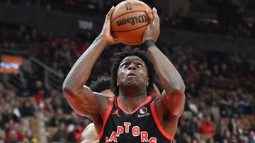 Dec 23, 2023; Toronto, Ontario, CAN; Toronto Raptors forward OG Anunoby (3) controls the ball against the Utah Jazz in the first half at Scotiabank Arena. Mandatory Credit: Dan Hamilton-USA TODAY Sports