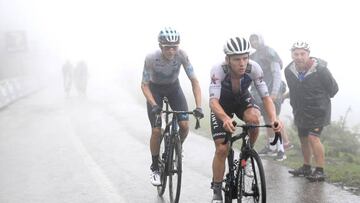 SAN MIGUEL DE AGUAYO, SPAIN - AUGUST 25: (L-R) Enric Mas Nicolau of Spain and Movistar Team and Remco Evenepoel of Belgium and Team Quick-Step - Alpha Vinyl compete in the chase group during the 77th Tour of Spain 2022, Stage 6 a 181,2km stage from Bilbao to Ascensión al Pico Jano. San Miguel de Aguayo 1131m / #LaVuelta22 / #WorldTour / on August 25, 2022 in Pico Jano. San Miguel de Aguayo, Spain. (Photo by Justin Setterfield/Getty Images)