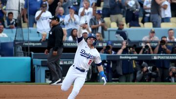 Oct 11, 2024; Los Angeles, California, USA; Los Angeles Dodgers third baseman Enrique Hernandez (8) runs after hitting a solo home run in the second inning against the San Diego Padres during game five of the NLDS for the 2024 MLB Playoffs at Dodger Stadium. Mandatory Credit: Kiyoshi Mio-Imagn Images
