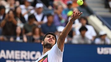 Carlos Alcaraz of Spain practices on August 22, 2024, ahead of the 2024 US Tennis Open at the USTA Billie Jean King National Tennis Center in New York. (Photo by TIMOTHY A. CLARY / AFP)