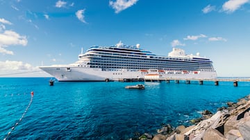 Roseau, Dominica - November 24, 2023: Side view of beautiful cruise ship Oceania Cruises Vista in port of Roseau, Dominica.