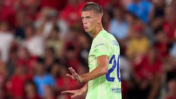 MALLORCA, SPAIN - AUGUST 16: Dani Olmo of FC Barcelona reacts during the LaLiga EA Sports match between RCD Mallorca and FC Barcelona at Estadio de Son Moix on August 16, 2025 in Mallorca, Spain. (Photo by Alex Caparros/Getty Images)