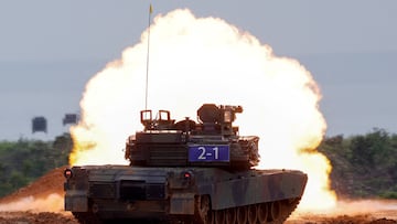 A U.S.-made M1A2T Abrams tank takes part in live-fire exercises in Hsinchu, Taiwan July 10, 2025. REUTERS/Ann Wang