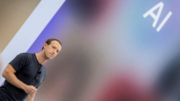 FILE PHOTO: Meta CEO Mark Zuckerberg delivers a speech, as the letters AI for artificial intelligence appear on screen, at the Meta Connect event at the company's headquarters in Menlo Park, California, U.S., September 27, 2023. REUTERS/Carlos Barria/File Photo