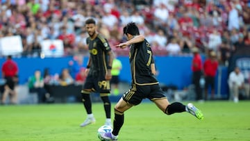 Aug 23, 2025; Frisco, Texas, USA; Los Angeles FC forward Son Heung-Min (7) scores a goal on a free kick during the first half against FC Dallas at Toyota Stadium. Mandatory Credit: Kevin Jairaj-Imagn Images