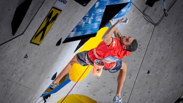Alberto Gines Lopez performs during the IFSC Climbing World Cup in Innsbruck, Austria on June 2, 2025