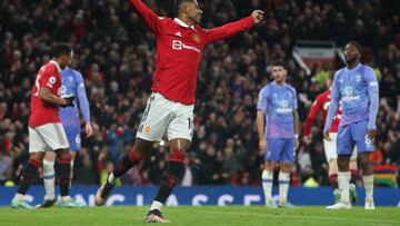 MANCHESTER, ENGLAND - JANUARY 03: Marcus Rashford of Manchester United celebrates Luke Shaw scoring their second goal during the Premier League match between Manchester United and AFC Bournemouth at Old Trafford on January 03, 2023 in Manchester, England. (Photo by Matthew Peters/Manchester United via Getty Images)