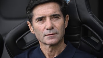 Villarreal's Spanish coach Marcelino Garcia Toral looks on prior the Spanish league football match between RC Celta de Vigo and Villarreal CF at the Balaidos stadium in Vigo, on August 31, 2025. (Photo by Miguel RIOPA / AFP)