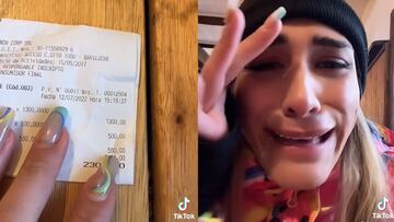 La influencer Danielik Starr en una estación de esquí de Bariloche (Argentina), mostrando el tiquet de una sopa de 1300 pesos y a la derecha, su cara lamentándose de la estafa.