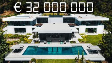Imágen frontal de la mansión Villa Cullinan de Marbella (Málaga) con su piscina y sus diferentes estancias de color blanco, con el valor -32 millones de euros- sobre el tejado.