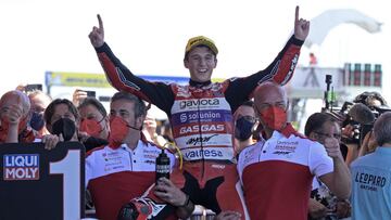 Gaviota GASGAS Aspar Team Spanish rider Sergio Garcia celebrates after finishing first during the the Argentina Grand Prix Moto3 at the Termas de Rio Hondo circuit, in Termas de Rio Hondo, in the Argentine northern province of Santiago del Estero, on Apri