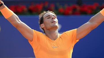 Spain's Rafael Nadal reacts after beating Slovakia's Martin Klizan during their Barcelona Open ATP tournament quarter-final tennis match in Barcelona on April 27, 2018. / AFP PHOTO / Josep LAGO