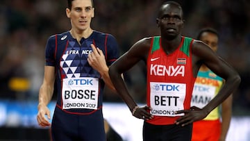 FILE PHOTO: Athletics - World Athletics Championships - Men's 800 Metres Final - London Stadium, London, Britain – August 8, 2017. Pierre-Ambroise Bosse of France reacts after winning the final ahead of Kipyegon Bett of Kenya. REUTERS/Phil Nob