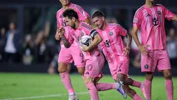 Inter Miami's Argentine forward #10 Lionel Messi celebrates after scoring a penalty kick during the Leagues Cup semi-final football match between Inter Miami CF and Orlando City SC at Chase Stadium in Fort Lauderdale, Florida, on August 27, 2025. (Photo by Chris Arjoon / AFP)