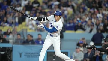 Apr 1, 2024; Los Angeles, California, USA; Los Angeles Dodgers designated hitter Shohei Ohtani (17) bats in the first inning against the San Francisco Giants at Dodger Stadium. Mandatory Credit: Kirby Lee-USA TODAY Sports