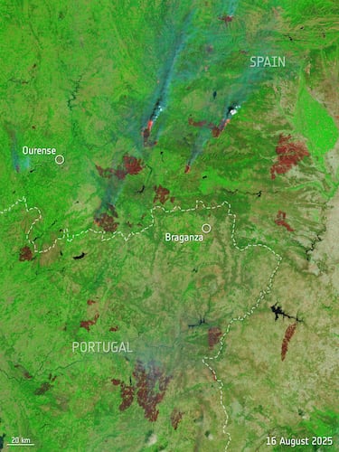 Vista en falso color que utiliza el canal infrarrojo de onda corta del satélite para destacar los incendios activos en el noreste de Portugal y el noroeste de España.
