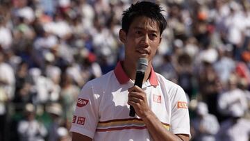 Kei Nishikori habla durante la entrega de premios del Masters 1.000 de Montecarlo, donde perdió en la final ante Rafa Nadal.