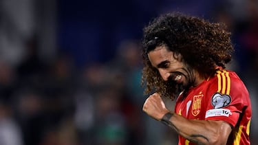 Spain's defender #22 Marc Cucurella celebrates after scoring the team's second goal during the FIFA World Cup 2026 Group E European qualification football matches between Bulgaria and Spain, at the Vassil Levski stadium in Sofia on September 4, 2025. (Photo by Nikolay DOYCHINOV / AFP)