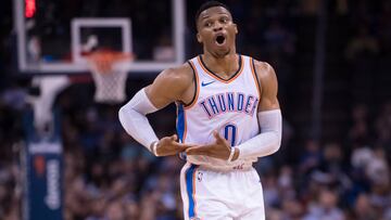 Nov 28, 2018; Oklahoma City, OK, USA; Oklahoma City Thunder guard Russell Westbrook (0) reacts after scoring against the Cleveland Cavaliers during the fourth quarter at Chesapeake Energy Arena. Mandatory Credit: Rob Ferguson-USA TODAY Sports