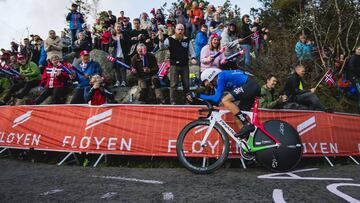 Gianni Moscon rueda durante la prueba contrarreloj de los Mundiales de Bergen.