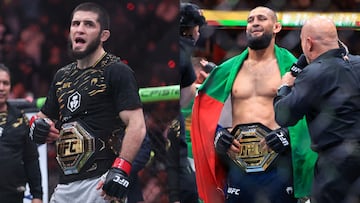 Islam Makhachev y Khamzat Chimaev con sus cinturones.