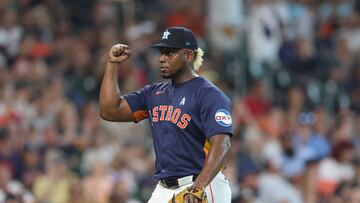 HOUSTON, TEXAS - JUNE 16: Ronel Blanco #56 of the Houston Astros reacts after the seventh inning against the Detroit Tigers at Minute Maid Park on June 16, 2024 in Houston, Texas. Tim Warner/Getty Images/AFP (Photo by Tim Warner / GETTY IMAGES NORTH AMERICA / Getty Images via AFP)