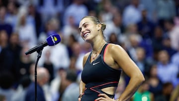 Belarus's Aryna Sabalenka gives a post-match interview after defeating USA's Jessica Pegula during their women's singles semifinal tennis match on day twelve of the US Open tennis tournament at the USTA Billie Jean King National Tennis Center in New York City, on September 4, 2025. (Photo by Kena Betancur / AFP)