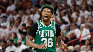 Miami (United States), 23/05/2023.- Boston Celtics guard Marcus Smart reacts during the second half of the NBA basketball Eastern Conference Finals playoff game four between the Miami Heat and the Boston Celtics at the Kaseya Center in Miami, Florida, USA, 23 May 2023. (Baloncesto, Estados Unidos) EFE/EPA/RHONA WISE SHUTTERSTOCK OUT