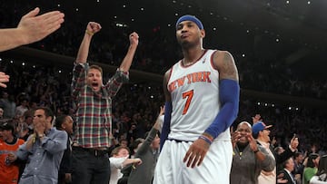 Nov 14, 2013; New York, NY, USA; New York Knicks small forward Carmelo Anthony (7) and fans react after he was fouled late during the fourth quarter of a game against the Houston Rockets at Madison Square Garden. Mandatory Credit: Brad Penner-USA TODAY Sports