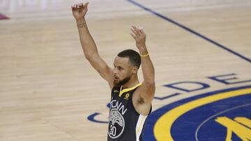 Jun 3, 2018; Oakland, CA, USA; Golden State Warriors guard Stephen Curry (30) reacts against the Cleveland Cavaliers during the second half in game two of the 2018 NBA Finals at Oracle Arena. Mandatory Credit: Cary Edmondson-USA TODAY Sports