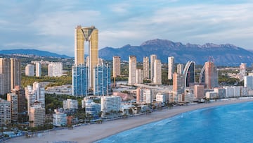 View of some Benidorm skyscrapers in Poniente Beach by the end of the day.