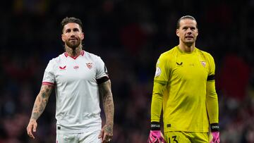 MADRID, SPAIN - JANUARY 25: Sergio Ramos and Orjan Nyland of Sevilla FC reacts after the game Copa del Rey Round of quarter final between Atletico Madrid v Sevilla FC at Civitas Metropolitano Stadium on January 25, 2024 in Madrid, Spain. (Photo by Diego Souto/Getty Images,)