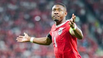 Austria's defender #08 David Alaba reacts during the 2026 World Cup qualifiers Europe zone group H football match between Austria and Cyprus, on September 6, 2025 in Linz, Austria. (Photo by GEORG HOCHMUTH / APA / AFP) / Austria OUT