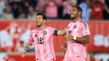 HARRISON, NEW JERSEY - JULY 19: Lionel Messi #10 of Inter Miami CF celebrates after scoring the team's fifth goal with teammates Yannick Bright #42 during the MLS match between New York Red Bulls and Inter Miami CF at Sports Illustrated Stadium on July 19, 2025 in Harrison, New Jersey. Dustin Satloff/Getty Images/AFP (Photo by Dustin Satloff / GETTY IMAGES NORTH AMERICA / Getty Images via AFP)