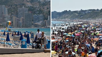 Imagen de una playa de Benidorm con las medidas de seguridad y de una playa de Bournemouth atestada de gente.