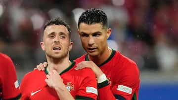 Cristiano Ronaldo centre-forward of Portugal and Al-Nassr FC and Diogo Jota left winger of Portugal and Liverpool FC during the UEFA EURO 2024 group stage match between Portugal and Czechia at Football Stadium Leipzig on June 18, 2024 in Leipzig, Germany. (Photo by Jose Breton/Pics Action/NurPhoto via Getty Images)