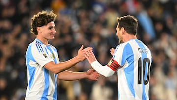 Soccer Football - World Cup - CONMEBOL Qualifiers - Argentina v Venezuela - Estadio Monumental, Buenos Aires, Argentina - September 4, 2025 Argentina's Lionel Messi celebrates scoring their first goal with Julian Alvarez REUTERS/Rodrigo Valle