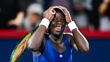MONTREAL, CANADA - JULY 31:Victoria Mboko of Canada reacts as she celebrates a victory against Marie Bouzkova of Czechia during their third round match on Day Five of the WTA 1000 National Bank Open at IGA Stadium on July 31, 2025 in Montreal, Quebec, Canada. Minas Panagiotakis/Getty Images/AFP (Photo by Minas Panagiotakis / GETTY IMAGES NORTH AMERICA / Getty Images via AFP)