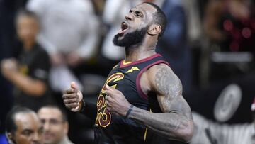 Apr 25, 2018; Cleveland, OH, USA; Cleveland Cavaliers forward LeBron James (23) celebrates his game-winning three-point basket in the fourth quarter against the Indiana Pacers in game five of the first round of the 2018 NBA Playoffs at Quicken Loans Arena