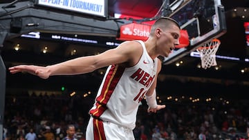 ATLANTA, GEORGIA - APRIL 18: Tyler Herro #14 of the Miami Heat reacts after change of possession by the Atlanta Hawks during overtime of an NBA play-in tournament game on April 18, 2025 in Atlanta, Georgia. NOTE TO USER: User expressly acknowledges and agrees that, by downloading and or using this photograph, User is consenting to the terms and conditions of the Getty Images License Agreement. Kevin C. Cox/Getty Images/AFP (Photo by Kevin C. Cox / GETTY IMAGES NORTH AMERICA / Getty Images via AFP)